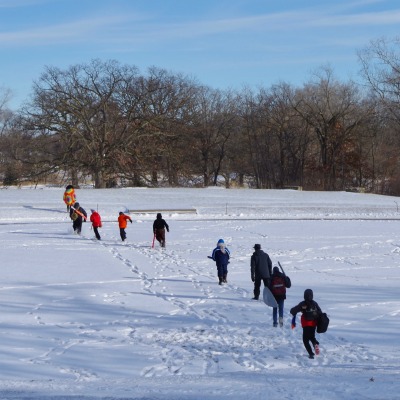 Kids walking in snow